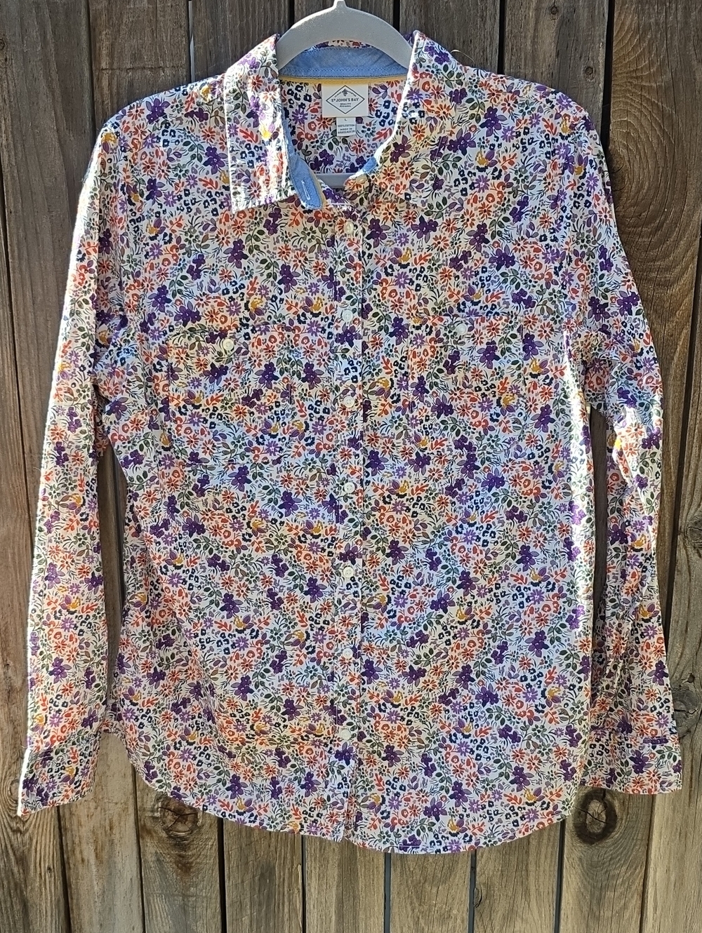 Floral Button-Up Shirt in White, Purple & Orange 100% Cotton Large